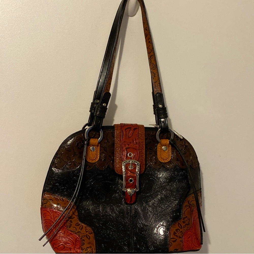 M.C. Marc Chantal Vintage Multicolor Tooled Patchwork Leather Shoulder Bag